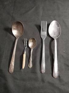 lot 50289 image: Mixed Silverplate and Metal Flatware Lot - Spoons, Forks and Pickle Fork