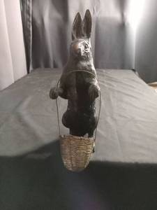 lot 50460 image: Bronze Standing Rabbit Figurine with Wire Basket