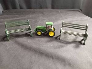 lot 50468 image: Ertl John Deere Die-Cast Tractor with Miniature Green Park Benches Set