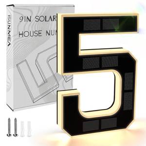 lot 7257 image: ISUNMEA 9 Inch Solar Lighted House Numbers for Outside, Light Up Waterproof LED Address Numbers Signs for Houses, Large Personalized Illuminated Exterior Modern House Numbers Light (5-Black, 9IN)