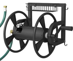 lot 7262 image: Artigarden Outdoor Wall Mounted Hose Reel with Hook, Garden Heavy-Duty Water Holder Winder with 3.9 ft Leader Hoses, Brass Fitting and Storage Basket for Yard, Holds 125 Ft of 58-Inch Hose, Black