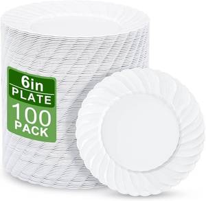 lot 7269 image: U-QE 100 Pcs White Plastic Plates - 6 Inch White Disposable Plates - Washable & Reusable - Premium Hard Dessert Plate - Party Supplies for Birthdays, Celebrations, Travel, Wedding,Party and Events