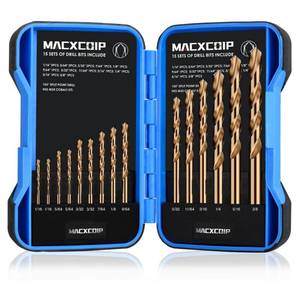lot 7294 image: MACXCOIP Cobalt Drill Bit Set, 15Pcs M35 High Speed Steel Jobber Length Drill Bit Kit for Hardened Metal, Stainless Steel, Cast Iron, Wood and Plastic, with Index Storage Case, 116-38