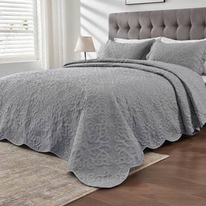 lot 7295 image: Oversized King Bedspreads 128x120 Extra Wide Quilt for Tall King California King Bed Lightweight 3 Piece Quilted Coverlet Pillow Shams Set Gray