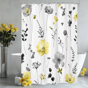 lot 7300 image: Omifly Stall Small Watercolor Floral Shower Curtain 48Wx72H Inch Yellow Gray Flower Rv Spring Leaves Plant Botanic Modern Farm with 8 Plastic Hooks Fabric Waterproof Toilet Accessories Decor