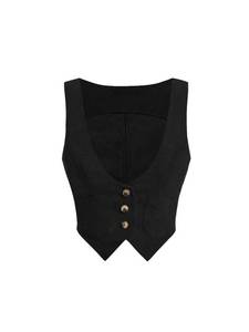 lot 7316 image: Verdusa Womens Button Front Scoop Neck Sleeveless Patch Pocket Crop Vest Blazer Jacket Black Large