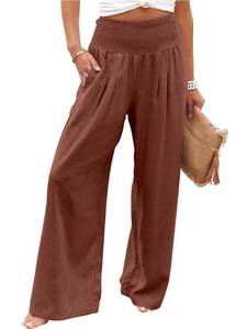 lot 7317 image: ANRABESS Women Linen Palazzo Pants Summer Boho Wide Leg High Waist Casual Lounge Pant 2026 Beach Travel Vacation Outfits Red Brown Medium