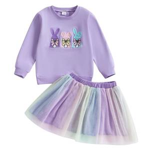 lot 7319 image: Kayotuas Toddler Girls Easter Outfit Baby Girl Bunny Hip Hop Shirt Sweatshirt and Tutu Skirts Set Cute Infant Spring Clothes (Purple, 3-4T)