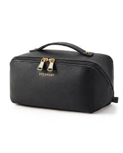 lot 7329 image: BAGSMART Makeup Bag Travel Cosmetic Bag, Large Make Up Bag Flat Open Toiletry Bag for Women, Waterproof PU Leather Travel Essentials Organizer Case, Wide-open Pouch Purse for Skincare, Brushes, Black