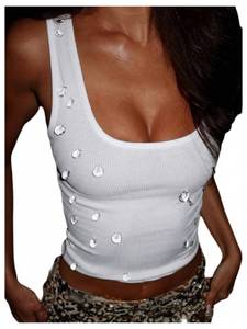 lot 7330 image: Floerns Womens Rhinestone Going Out Tank Tops Sleeveless Ribbed Square Neck Y2k Tops White Small