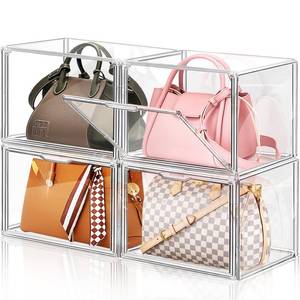 lot 7337 image: 4 Packs Clear Plastic Handbag Storage Organizer for Closet, Large Acrylic Display Box forPurse and Handbag, Stackable Storage Boxes Bag Organizer with Magnetic Door for Purse Clutch Wallet Book