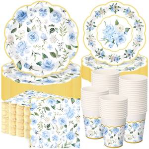 lot 7338 image: Funnymoom 250 Pcs Floral Party Decorations Flower Paper Plates Napkins and Cups Blue and Gold Floral Disposable Tableware Set for Bridal Shower Baby Shower Wedding Spring Tea Party Supplies, Serves 50