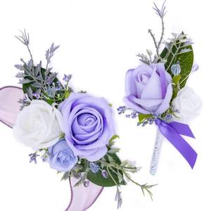 lot 7344 image: Fnize Purple Corsage and Boutonniere Set for Bride Groom Bridesmaids Groomsmen Wedding Homecoming Flowers Prom Suit Accessories, Rose Boutonniere and Wrist Corsage Flower