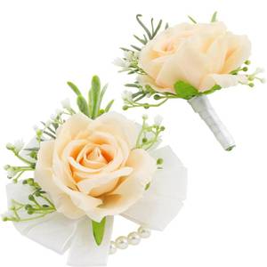 lot 7351 image: SITUMEIZI 2Pcs Champagne Corsage and Boutonniere Set,Corsage Wristlet for Prom Decor,Boutonniere for Men Wedding Flowers Accessories Party Suit Decoration