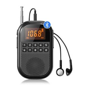 lot 7360 image: Pocket AM FM Radio1100mAh Rechargeable Radio Supports Bluetooth, Mini FM AM Receiver with Large Speaker, Stereo Earphone, Sleep Timer, Easy to use for Jogging, Walking Black