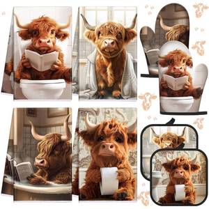 lot 7375 image: VitalCozy 8 Pcs Highland Cow Kitchen Towels Pot Holders Oven Mitt Set Absorbent Highland Cattle Dish Towels Square Potholders Watercolor Heat Resistant Glove for Home Cooking Baking Gift(Funny)