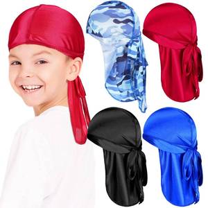 lot 7383 image: Loopeer 4 Pcs Kids Satin Durags Head Wrap Silk Durag Cap with Long Tail Wide Strap 360 Waves Cap for Boy Toddler Girls(Black, Wine Red, Blue, Camouflage Blue)