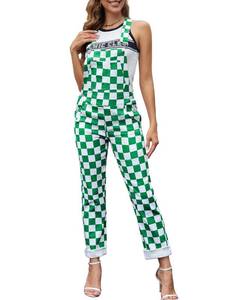 lot 7386 image: Odefou Checkered Pants Womens Overalls Fashion Bib Coveralls Cute Stretch Jeans Jumpsuit(Green Checkered) SM