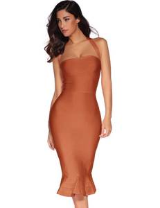 lot 7387 image: Womens Halter Fishtail Bandage Party Dress Elegant Wedding Guest Dress(sunsetorange,S)