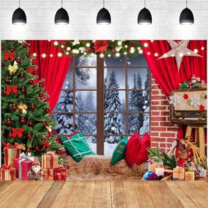lot 7388 image: Diasynig 10x8FT Christmas Backdrop Window Red Curtain Xmas Tree Gifts Forest Snow Scene Photography Background Family Kids Winter Holiday Christmas New Year Party Decorations Banner Photo Booth Props