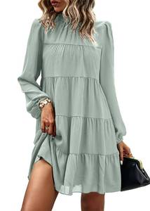 lot 7389 image: KIRUNDO Long Sleeve Baby Doll Dresses Women 2026 Casual Summer Fall Ruffle Mock Neck Tiered Mini Flowy Swing Shift Dress(Light Green, Small)