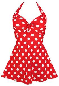 lot 7402 image: COCOSHIP Red & White Big Polka Dots Retro Sailor Pin Up Swimsuit One Piece Skirtini Cover Up Bath Swimdress Swimwear L