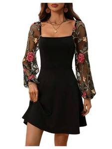 lot 7410 image: Floerns Womens Floral Mesh Bishop Long Sleeve Square Neck Boho A Line Dresses Black Medium