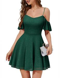 lot 7413 image: Meetjen Homecoming Dresses Women Tulle Cocktail Fancy Prom Wedding Guest Off The Shoulder Summer Mini Dress Dark Green L