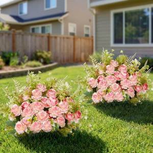 lot 7417 image: Yunlly 2 Set Artificial Boxwood Topiary Ball Trees with Rose Flowers 19.7 UV Resistant Faux Greenery Shrubs Bushes with Ground Spike for Wedding Indoor Outdoor Front Porch Decor(Gradient Pink)