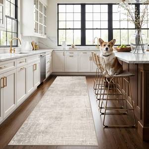lot 7418 image: Hallway 3x8 Washable Runner Rug Abstract Stain Resistant Entryway Kitchen Area Rugs Farmhouse Soft Bathroom Bedroom Print Floor Mat Thin Non-Slip Indoor Carpet for Living Room Laudry(3x8,BeigeCream)