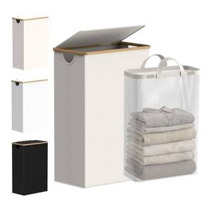 lot 7434 image: efluky Slim Laundry Basket with Lid, Narrow Laundry Hamper with Removable Bag, Skinny Dirty Clothes Basket with Bamboo Handles for Bathroom, Bedroom & Laundry Room, 75L Beige