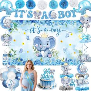 lot 7440 image: Elephant Baby Shower Decorations Banner, Its a Boy Backdrop, Foil & Latex Balloons, Mommy to Be Sash, Cake & Cupcake Toppers, Honeycomb Centerpieces, Hanging Swirls for Boy Baby Shower Decorations
