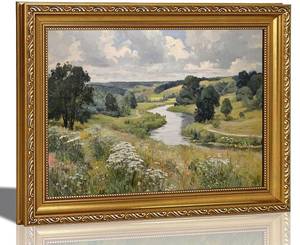 lot 7466 image: Vintage Gold Framed Canvas Wall Art Natural Valley Pastoral Scenery Painting Picture Wall Decor Retro farmhouse style Poster Print Artwork for Kitchen living room hallway Home Decoration