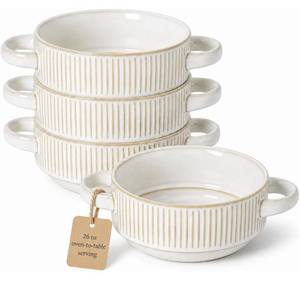 lot 7480 image: French Onion Soup Bowls with Handles, 26 oz Oven Safe Ceramic Soup Crocks Set of 4, Large Soup Bowls for Chili, Beef Stew, Gumbo, Microwave & Dishwasher Safe