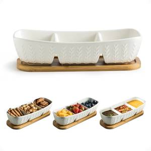 lot 7486 image: Miamolo 3 Compartment Condiment Tray, Chip and Dip Bowl with Wooden Serving Tray, Perfect for Snacks, Appetizers, Charcuterie, Chips, Candy, 10-inch Chip and Dip Serving Set for Parties