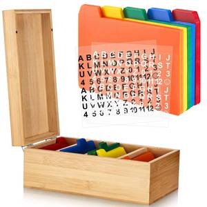 lot 7493 image: Henoyso 3 x 5 Inch Index Card Holder Set, Bamboo Organizer Box with 50 Dividers & 2 Sheets Alphabet Number Stickers File Note Holders, Holds 1200 Cards for Office Business Home Kitchen, Wooden Color