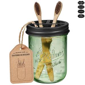 lot 7499 image: SheeChung Mason Jar Toothbrush Holder, Green Glass Toothbrush Holders for Bathrooms, Electric Toothbrush Toothpaste Holder, Black Toothbrush Organizer Storage, Stainless Steel Lid, Farmhouse Decor