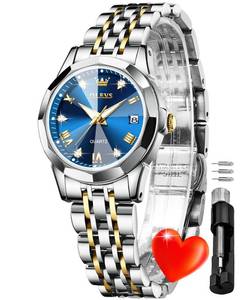 lot 7503 image: OLEVS Womens Blue Watches Elegant Diamond Original Ladies Small Wrist Watch Silver Gold Stainless Steel Two Tone Date Waterproof Female Watch