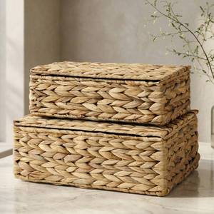 lot 7509 image: Decorative Storage Boxes with Lids - Set of 2 Beautiful Wicker Organizer Bins for Your Shelves & Home Decor - Safely Store Your Photos, Documents, and Memory Box Keepsakes in a Stylish Rattan Design