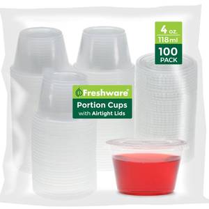 lot 7537 image: Freshware Plastic Portion Cups with Lids 4-Ounce, 100 Sets - Souffle, Sampling, Sauce, Snack, Dressing, Jello Shot Cups, Plastic Containers, BPA Free
