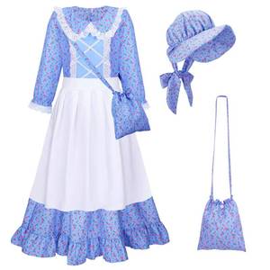 lot 7559 image: Meland Pioneer Dress for Girls, Colonial Floral Costume with Bonnet Apron & Purse, Dress Up Clothes for Girls Ages 5-13 (Blue, 8-10 Years)