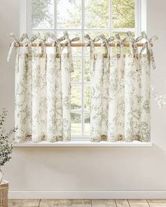 lot 7561 image: jinchan Floral Linen Tier Curtains 24 Inch Farmhouse Cafe Curtains Tie Top Botanic Drapes for Small Windows Over Sink for Kitchen Country Rustic Laundry Room Bathroom RV 2 Panels Green on Beige