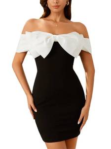 lot 7563 image: Floerns Womens Off Shoulder Short Sleeve Mini Dress Bow Front Bodycon Dresses Black and White Small