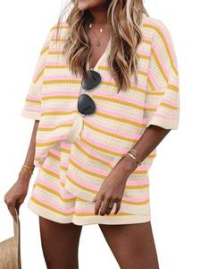 lot 7565 image: Ekouaer Lounge Sets for Women Crochet Striped 2 Piece Short Sets Short Sleeve Outfits Matching Sets Clothing Loungewear L