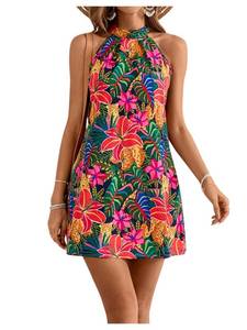 lot 7570 image: Floerns Womens Sleeveless Floral Print Sundress Halter Neck A Line Short Dress Pink Multi Medium