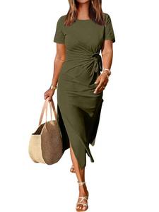 lot 7574 image: ANRABESS Womens 2025 Summer Maxi Tshirt Dress Short Sleeve Crewneck Tie Waist Casual Slim Fit Slit Spring Long Beach Dresses Army Green Medium