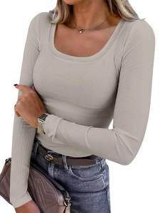 lot 7584 image: ANRABESS Womens Long Sleeve Shirts Scoop Neck Ribbed Knit Slim Fitted Tops Casual Basic Tee 2026 Fall Fashion Outfits Clothes Dark Khaki Medium