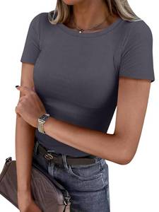 lot 7591 image: ANRABESS Women Short Sleeve Crewneck Ribbed Knit Slim Fitted Shirts Summer Tops Basic Tee Casual 2026 Spring Outfits Clothes Charcoal Medium