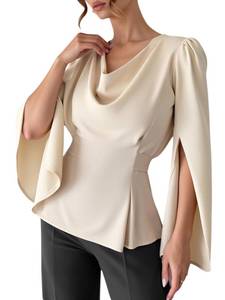 lot 7601 image: winkbay Womens Cowl Neck Satin Blouse Split Long Sleeve Peplum Tie Back Elegant Tops Apricot Small