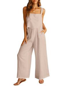 lot 7602 image: ANRABESS Womens 2 Piece Outfits Linen Pants Jumpsuit Matching Lounge Set Casual Summer Beach Vacation Trendy Clothes Apricot Small